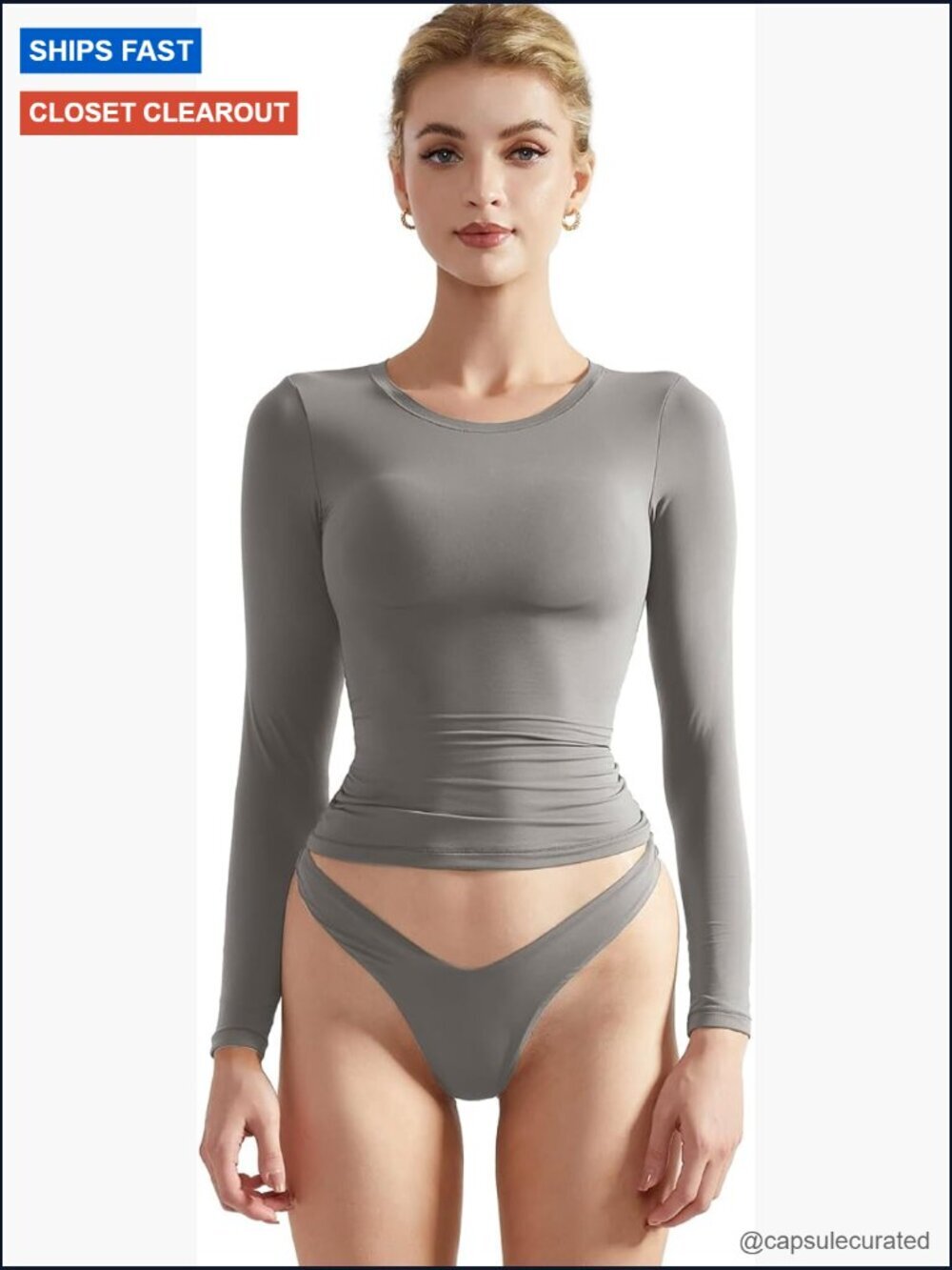 Double Lined Fitted Crew Neck Long Sleeve Crop Top